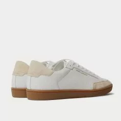 Saint Laurent SL/10 Suede-Trimmed Perforated Leather White Low Top Sneakers -Salomon Shop 46d6db942ff38807c148b6fc16e87348