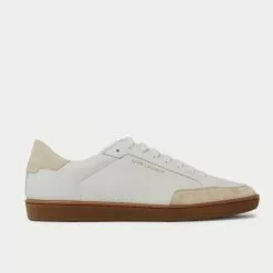 Saint Laurent SL/10 Suede-Trimmed Perforated Leather White Low Top Sneakers