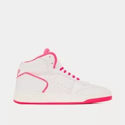Saint Laurent SL/80 Smooth & Grained Leather Blanc Optique Et Rose Fluo Mid Top Sneakers