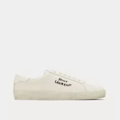Saint Laurent SL/06 Court Classic Embroidered Canvas & Smooth Leather Cream Low Top Sneakers