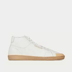 Saint Laurent Court Classic Sl/39 Grained Leather Ivory Mid Top Sneakers