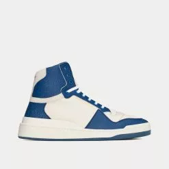 Saint Laurent SL/24 Perforated Leather Off-White / Light Navy Mid Top Sneakers