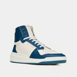 Saint Laurent SL/24 Perforated Leather Off-White / Light Navy Mid Top Sneakers -Salomon Shop saint laurent SL 24MID TOPSNEAKERSINPERFORATEDLEATHER off white navy 3
