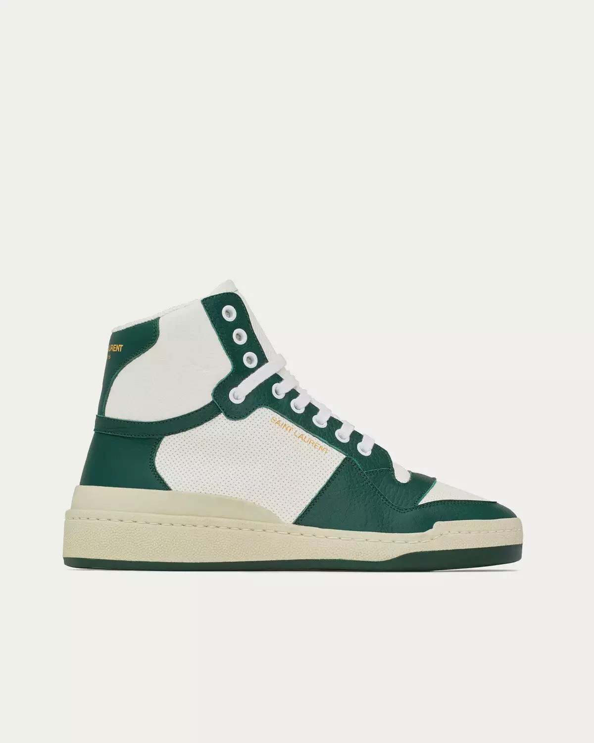 Saint Laurent SL/24 Perforated Leather White / Dark Green Mid Top Sneakers 3 Saint Laurent SL/24 Perforated Leather White / Dark Green Mid Top Sneakers