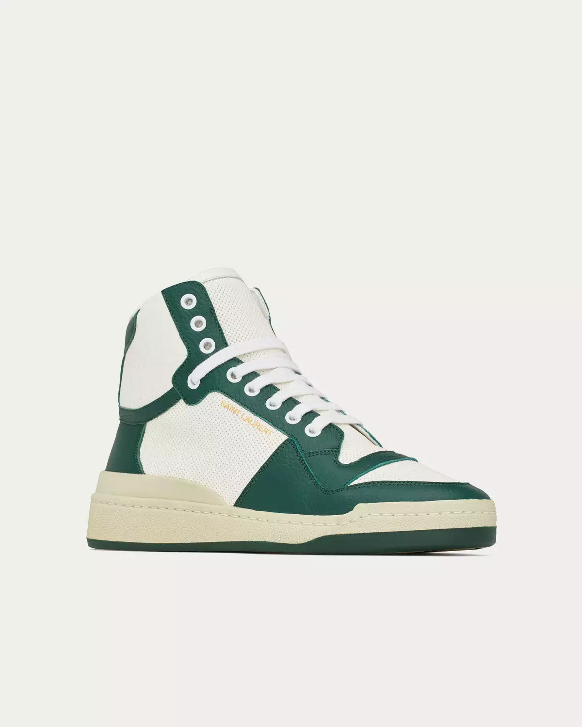 Saint Laurent SL/24 Perforated Leather White / Dark Green Mid Top Sneakers 5 Saint Laurent SL/24 Perforated Leather White / Dark Green Mid Top Sneakers - Image 3