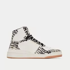 Saint Laurent SL/24 Smooth Leather & Zebra Print Pony Effect Blanc Et Noir Mid Top Sneakers