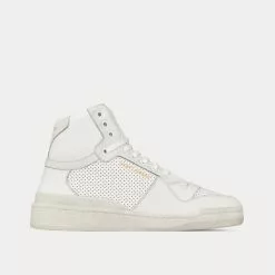 Saint Laurent SL/24 Used Look Perforated Leather Optic White Mid Top Sneakers