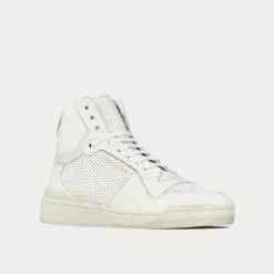 Saint Laurent SL/24 Used Look Perforated Leather Optic White Mid Top Sneakers -Salomon Shop saint laurent SL 24MID TOPSNEAKERSINUSED LOOKPERFORATEDLEATHER optic white high top sneakers 3