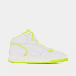 Saint Laurent SL/80 Smooth & Grained Leather Blanc Optique Et Jaune Fluo Mid Top Sneakers