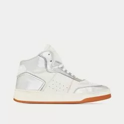 Saint Laurent SL/80 Smooth & Grained Leather Argent Et Blanc Optique Mid Top Sneakers